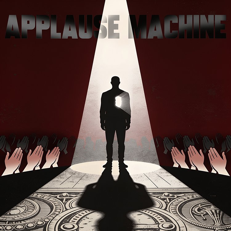 Applause Machine progressive rock album cover featuring a silhouette of a man under a spotlight with a glowing heart cutout on a stage Applause Machine progressive rock album cover featuring a silhouette of a man under a spotlight with a glowing heart cutout on a stage