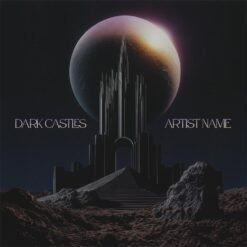 Dark Ambient Album Cover featuring a black monolithic fortress beneath a colossal cratered planet with a central staircase across rocky terrain.