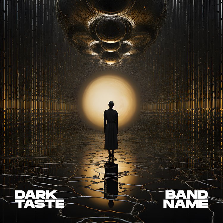 DARK TASTE progressive soul album cover featuring a dark silhouette standing in a glowing golden tunnel beneath complex, textured geometric spheres. DARK TASTE progressive soul album cover featuring a dark silhouette standing in a glowing golden tunnel beneath complex, textured geometric spheres.