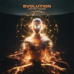 Sci-Fi Electronic Album Cover featuring a luminous digital human with a cyan eye, fractured golden energy sphere, glitching body, and flowing orange circuitry.