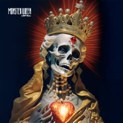 Monster Queen heavy metal artwork featuring a crowned skull queen with a glowing fire heart under brilliant red celestial light rays.