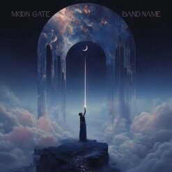 Celestial Album Cover Art featuring a woman reaching toward a crescent moon beneath a glowing star-filled stone archway above the clouds.