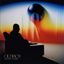 Synthwave Album Cover featuring an older man in silhouette facing a floating chrome sphere against a vivid blue-orange retro sunset.