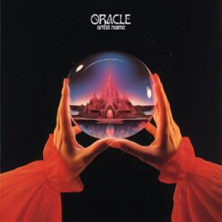 Mystical Ambient Album Cover featuring two red-sleeved hands holding a crystal ball with a glowing pink temple reflected on dark water.