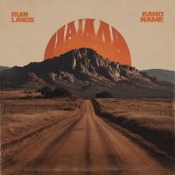 Desert Rock Album Cover featuring a dusty road leading toward a rugged mesa beneath a huge burnt-orange sun in a vintage landscape.