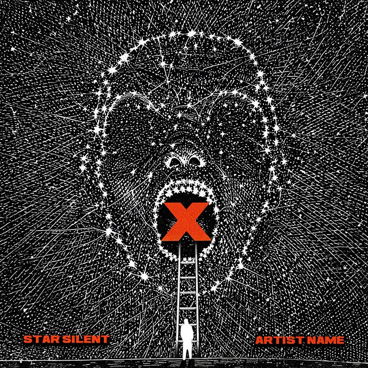 Star silent alternative metal album cover with a dark surrealist screaming starry face and a red cross Star silent alternative metal album cover with a dark surrealist screaming starry face and a red cross