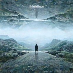 The Doubled Horizon ambient folk cover art – solitary figure on road between mirrored mountainous landscape, painterly oil style