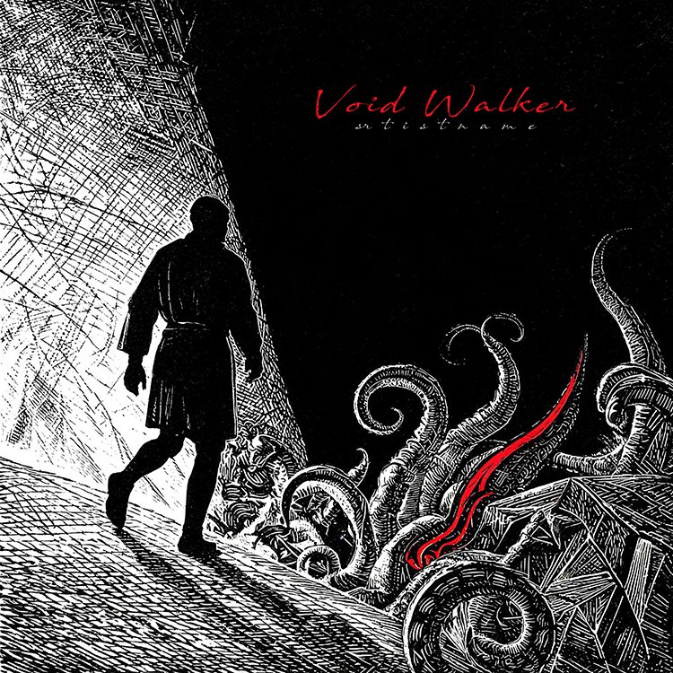 Void Walker dark metal cover art – black and white silhouette walking toward tentacles with red accent Void Walker dark metal cover art – black and white silhouette walking toward tentacles with red accent