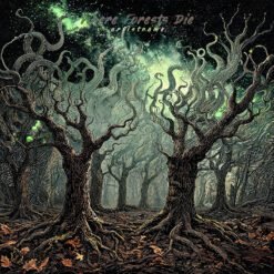Where Forests Die black metal album cover with surreal dark trees and a green cosmic nebula sky.