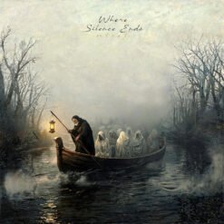 Where Silence Ends alternative metal album cover featuring an oil painting of a hooded cloaked ferryman with a lantern guiding a boat of white-shrouded figures down a misty river