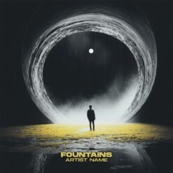 Surreal Album Cover featuring a lone figure before a monumental white circular portal above a yellow field beneath a black sky.