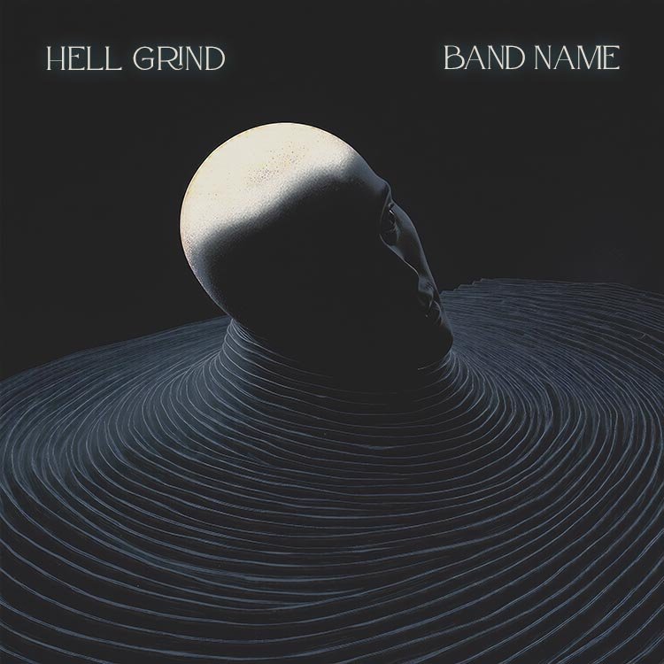 Hell Grind vinyl mockup with a shadowed sculptural head surrounded by precise blue-black circular grooves Industrial Metal Album Cover featuring a pale faceless head emerging from concentric blue-black rings under cold directional light.
