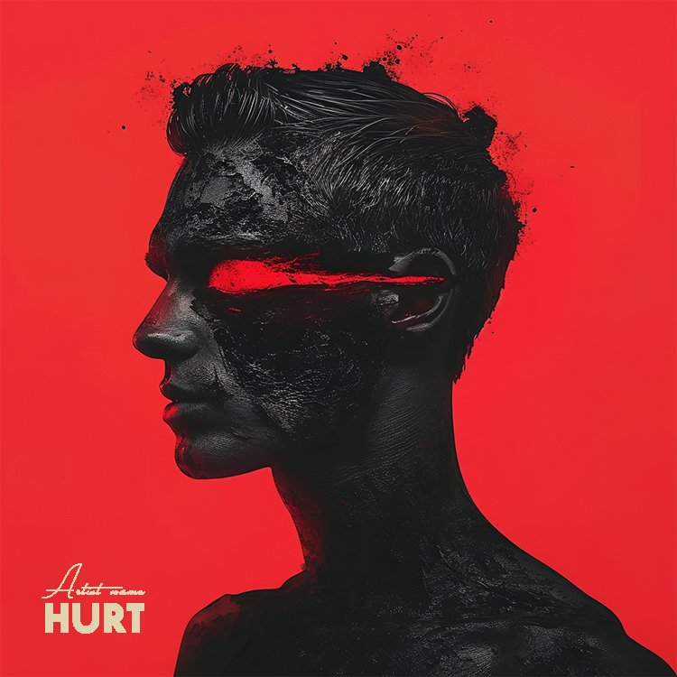 Hurt dark trap album cover featuring a dark, textured charcoal male silhouette with a glowing red slash across his eyes against a solid red background. Hurt dark trap album cover featuring a dark, textured charcoal male silhouette with a glowing red slash across his eyes against a solid red background.
