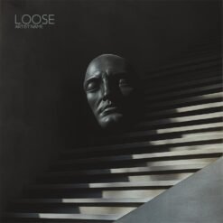 Experimental Album Cover featuring a black stone face emerging from shadow beside fragmented white stairways in a monochrome architectural scene.