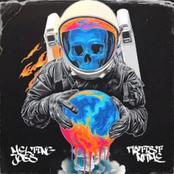 Melting Jobs space rock artwork featuring a sci-fi astronaut with a neon blue skull holding a melting earth globe with colorful dripping liquid paint.