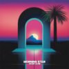 MORNING STAR indie electronic album cover featuring a retro synthwave archway, a neon palm tree, and a glowing sun setting behind an island over a reflective pool.