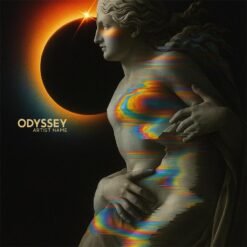 Psychedelic Rock Album Cover featuring an embraced marble goddess beside a glowing solar eclipse with vivid rainbow glitch distortion.