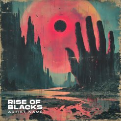 Rise of Blacks psychedelic rock artwork featuring a colossal dark hand silhouette reaching toward a massive melting pink celestial sun with a black void center over a desolate valley.