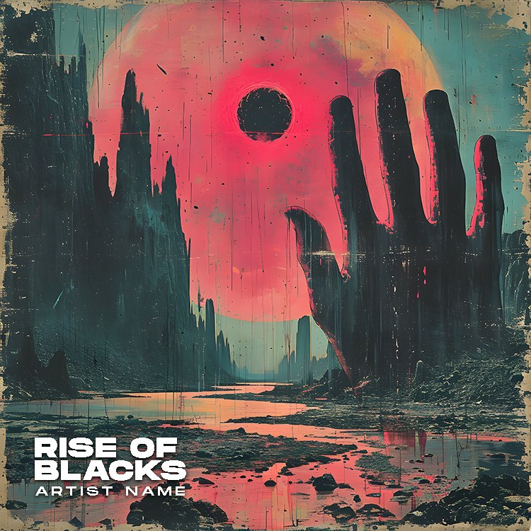 Rise of Blacks psychedelic rock artwork featuring a colossal dark hand silhouette reaching toward a massive melting pink celestial sun with a black void center over a desolate valley. Rise of Blacks psychedelic rock artwork featuring a colossal dark hand silhouette reaching toward a massive melting pink celestial sun with a black void center over a desolate valley.