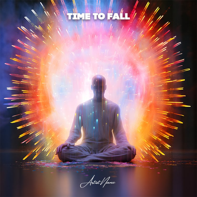 indie electronic cover art featuring a meditating figure sitting in front of a giant exploding cosmic light portal with neon orange and blue rays. indie electronic cover art featuring a meditating figure sitting in front of a giant exploding cosmic light portal with neon orange and blue rays.