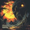Warrior Legend black metal artwork featuring a colossal demonic skull with glowing orange eyes under a gigantic blood moon with a lone warrior silhouette.
