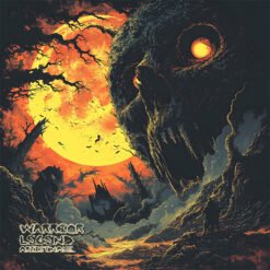 Warrior Legend black metal artwork featuring a colossal demonic skull with glowing orange eyes under a gigantic blood moon with a lone warrior silhouette.