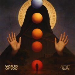 Cosmic Progressive Rock Album Cover featuring a monumental black-robed faceless figure with raised open hands, five aligned glowing worlds, red geometric lines, and an ornate golden halo.